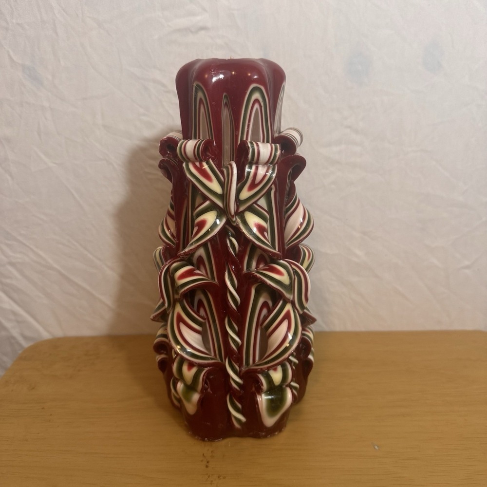 Vintage Hand Carved Ribbon Wax Candle Christmas Candy Cane Striped Large Not Lit